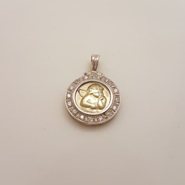 Medalla Astral Ángel de Rafael en plata 900 con centro de oro y cubic, 18 mm