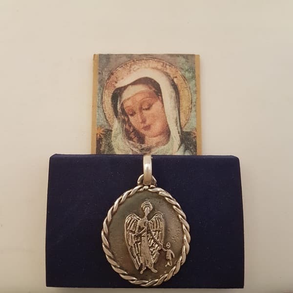 Medalla rústica oval Ángel de la Guarda con filete trenzado en Plata Mater, 36 mm