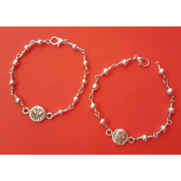 Pulsera decenario de nudo doble faz Virgen Niña y Espíritu Santo en Plata Mater, cuentas de 5 mm