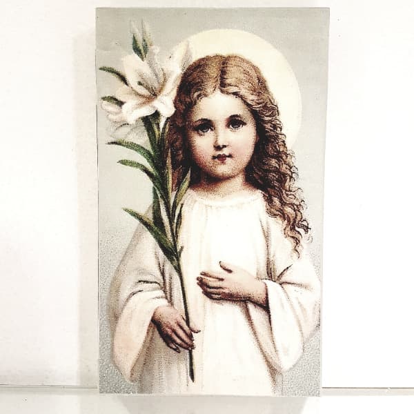 Tabla decoupage lisa grande Virgen del Lirio, 11,5 x 19,5 cm