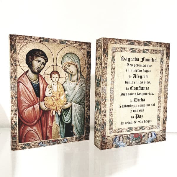 Tabla decoupage craquelada doble faz Sagrada Familia, 11,5 x 13 cm
