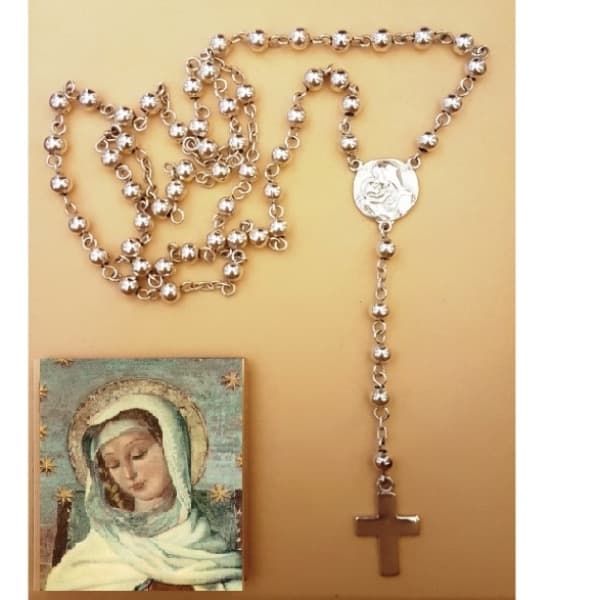 Rosario de mano María de la Ternura en Plata Mater, cuentas de 5 mm