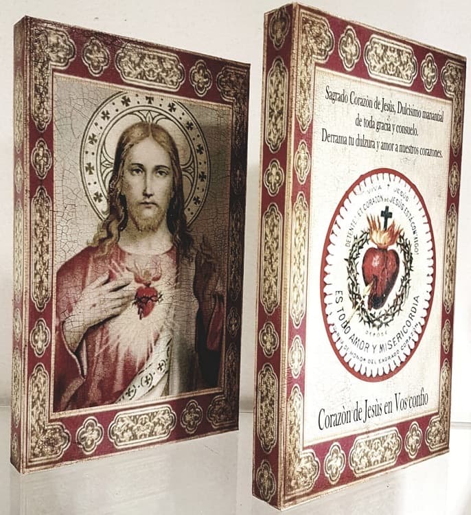 Tabla decoupage craquelada grande Sagrado Corazón, 11,5 x 19,5 cm