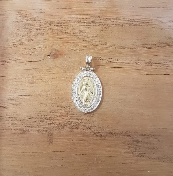 Medalla Virgen Milagrosa mediana en plata 900, centro de oro y cubic, 22/24 mm